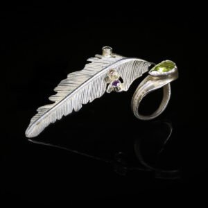 feather large ring silver green